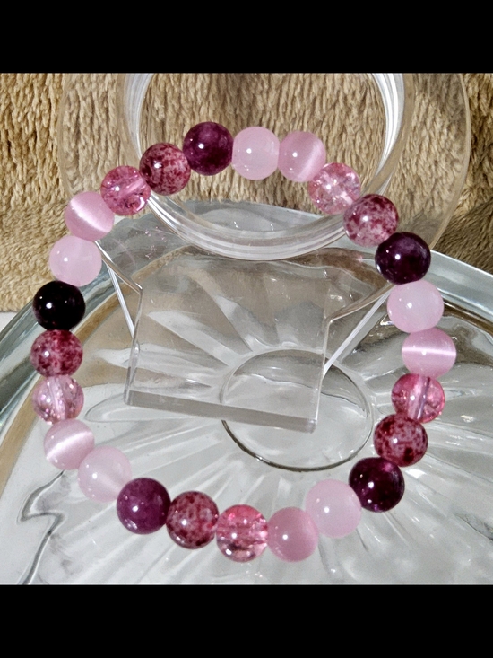 Jewelry - Handmade Pink & Purple Beaded Stretch Bracelet — Mixed Quartz & Cat's Eye